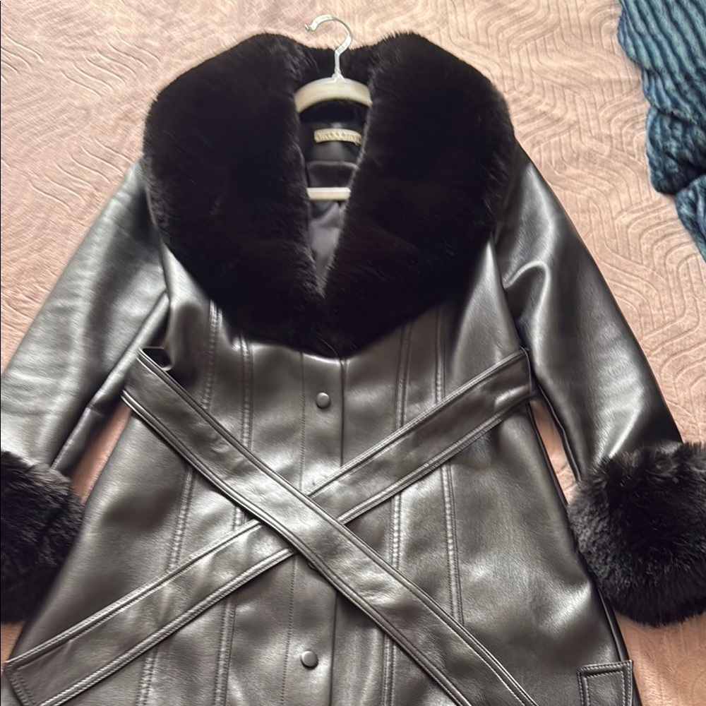 Alice + Olivia Black Leather Faux Fur Jacket with Plush Fur Trim